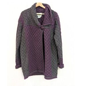 Aran Crafts Merino Wool Cardigan Sweater Purple Ireland Irish Longline Womens M